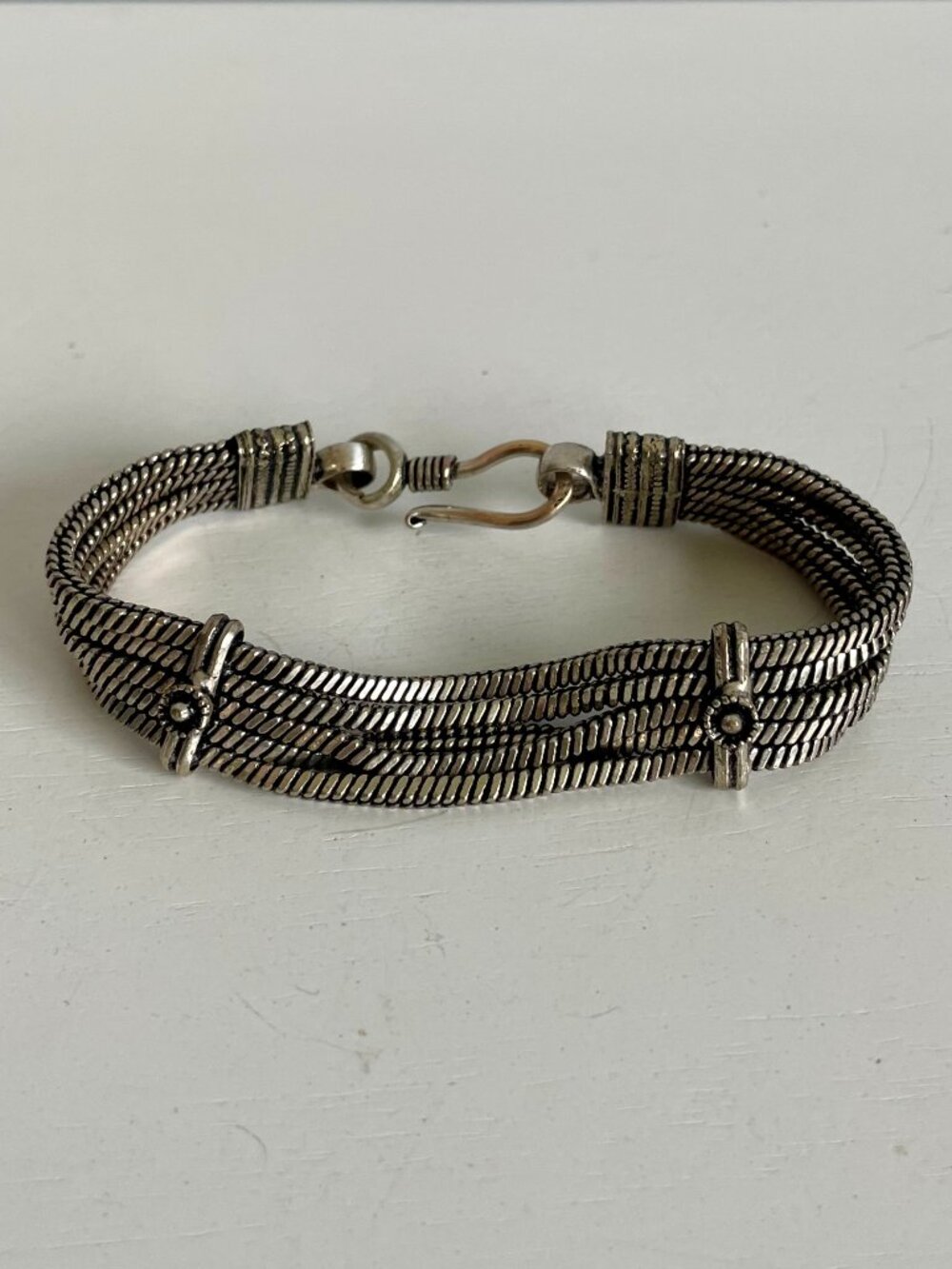 Sterling Silver 5-Strand Chain Bracelet, Decorative Spacer Bars & S-Hook Clasp